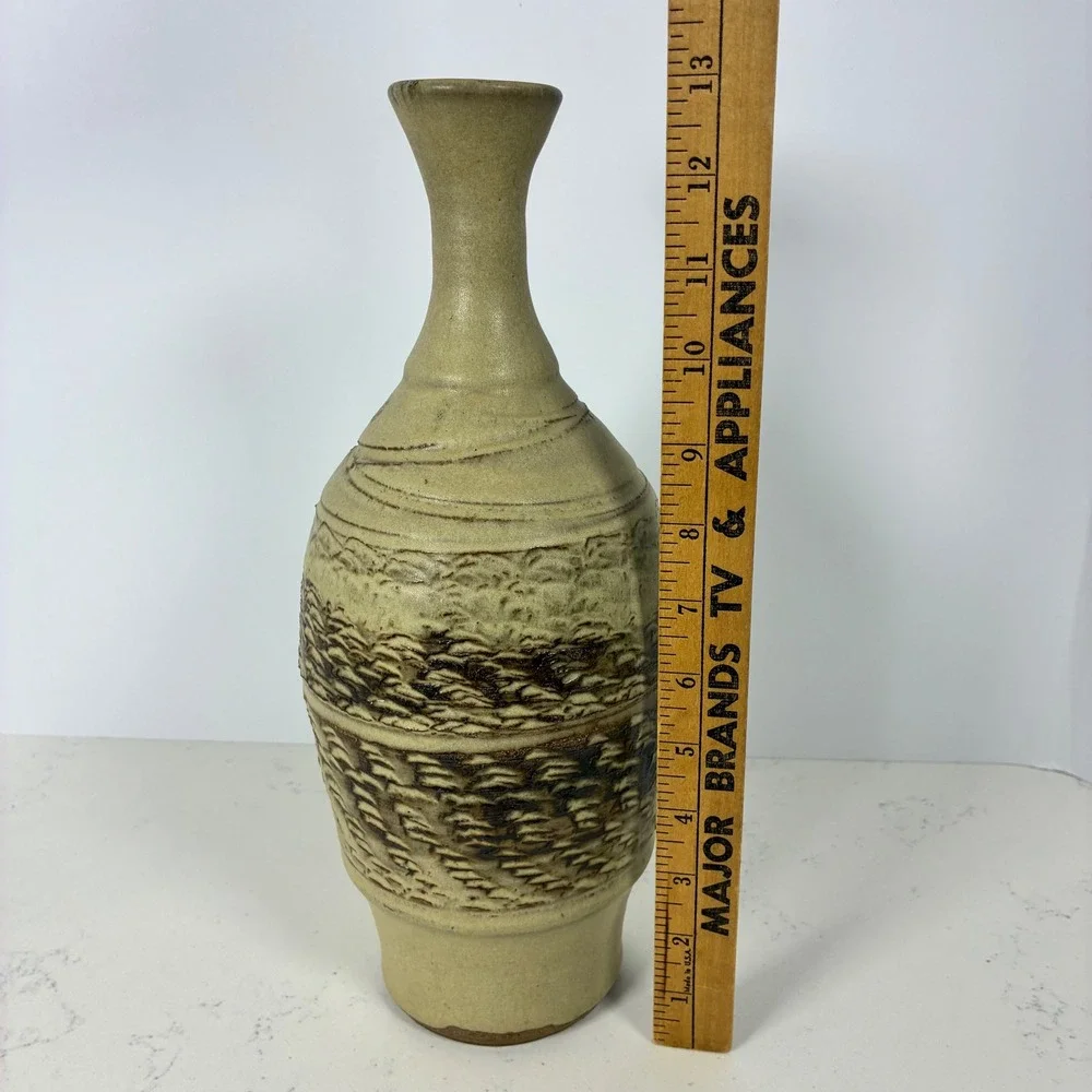 Signed Studio Pottery Vase Tall Textured Stoneware MCM Wabi Sabi Earthy Rustic